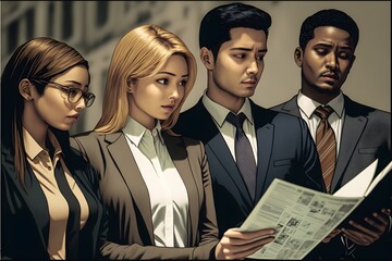 four employees standing together reading report wearing suits looking at report waist upward four people 2 young men 2 young women woman with blonde hair asian european indian office background 