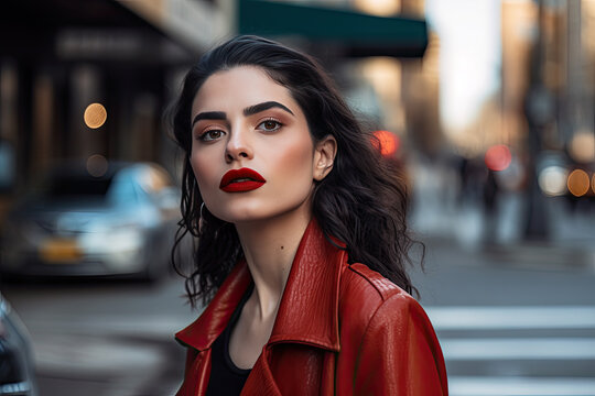 Generative AI illustration of portrait of sensual confident young female in red leather jacket with red lips looking at camera standing on city street