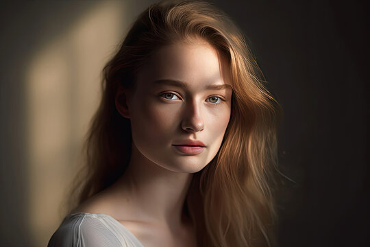 Generative AI illustration of portrait of attractive young woman with long light hair and green eyes looking at camera against brown background