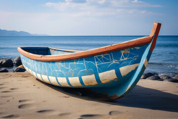 A weathered blue and yellow boat resting on a sandy beach, adorned with chipped paint and intricate woodwork. A picturesque representation of maritime beauty and rustic charm.