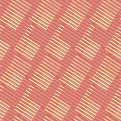 Seamless geometric pattern with vertical wide stripes in the form of a lattice in beige and yellow on a red background.