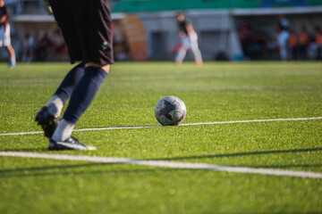 Close-up of the ball on the green lawn of the football field - the goalkeeper puts the ball into play
