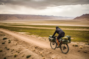 Generative AI illustration side view of unrecognizable tourist in casual clothes with luggage riding bicycle on dirt road near mountains