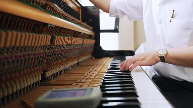 The scene of professional services piano tuning piano keys, skilled profession, musician maintenance.