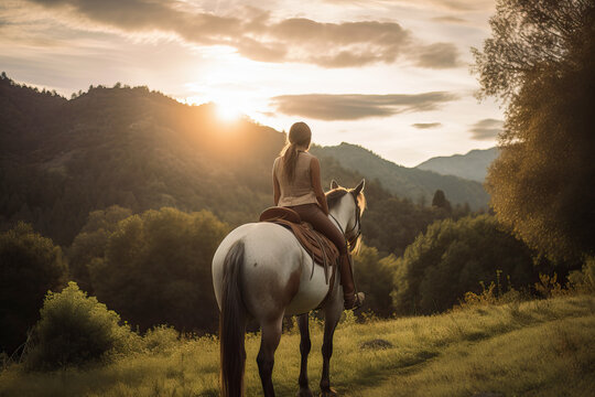 Woman riding horse in countryside during sunset
