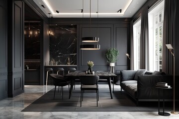 Living and dining room interior design in a contemporary classic style with built in gray furniture, black marble, and black steel texture. Generative AI