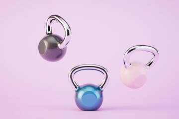 sports in the gym. weights flying on a pastel background. 3D render
