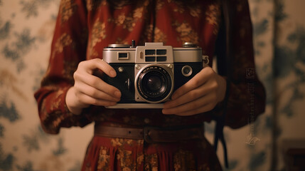 A person holding a classic camera, the person is dressed oldly and in vintage style