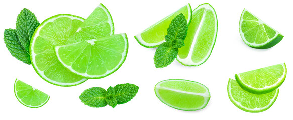 Lime isolated on white background. Lime citrus fruit with mint leaf . Collection. Pattern
