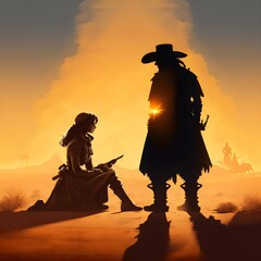 western girl aims gun at kneeling man in the desert silhouette ultrawide cinematic lighting sunset 