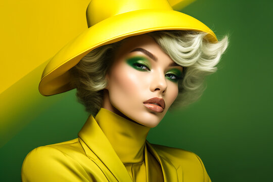 Generative AI colorful illustration of portrait of charming female fashion model with blond hair and bright makeup in hat looking at camera