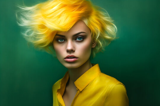 Generative AI colorful illustration of headshot of female fashion model with extravagant yellow hairstyle and makeup against green background