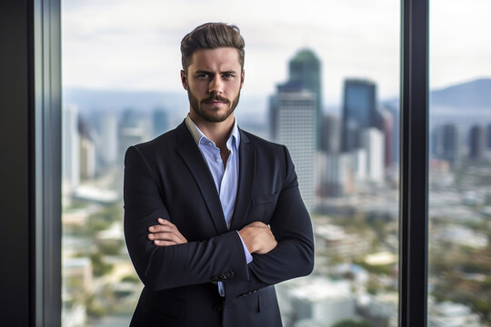 Generative AI illustration of confident bearded businessman with arms crossed looking at camera while standing near glass wall against cityscape