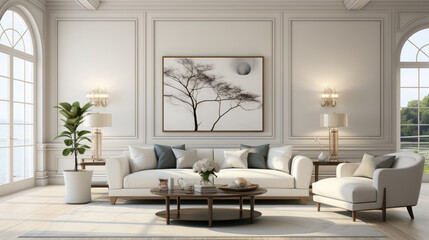 Fototapeta premium Hampton Style Living Room Interior Wall Mockup 3d, Mockups Design 3D, HD