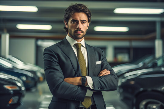 Generative AI image of confident young male executive in suit looking at camera while standing with crossed hands against illuminated car parking
