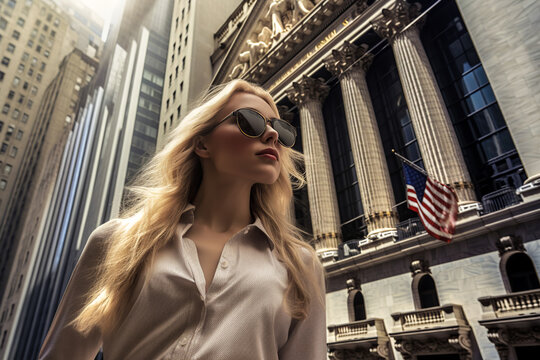 Generative AI image of low angle of confident young female blonde in sunglasses looking away while standing on street against buildings in daylight