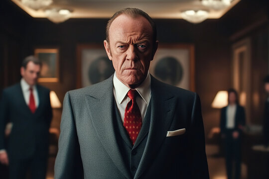 Generative AI image of serious middle aged businessman in elegant suit looking at camera while standing in illuminated room with blurred colleagues