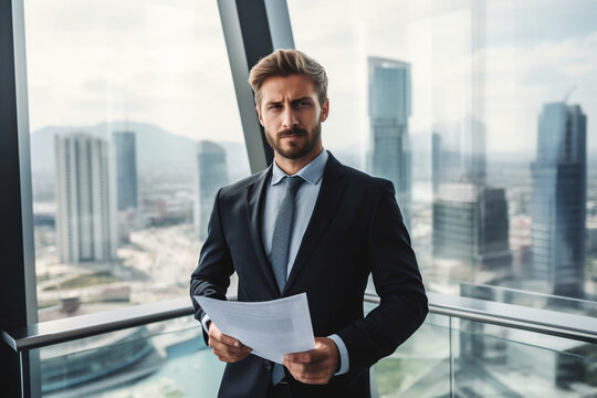 Generative AI image of confident bearded businessman with papers looking at camera while standing in lift with glass walls against blurred cityscape