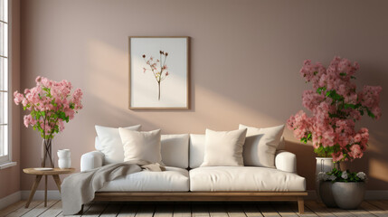 Mock up frame in cozy beige home interior background , Mockups Design 3D, HD