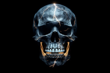 Illustration of skull with lighting bolt on black background, generative ai.