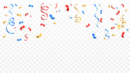 Many Falling Colorful Tiny Confetti And Ribbon On Transparent Background. Celebration Event and Party. Multicolored. Vector