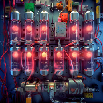 Generative AI illustration of set of glowing old vacuum tubes placed in rows and connected with each other