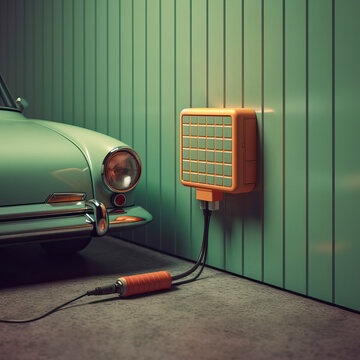 Generative AI illustration of front part of green vintage car refueled with old fashioned electric accumulator on wall
