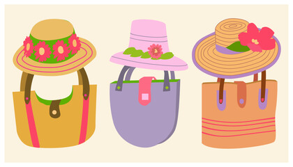 The set of summer women's hats decorated with tropical bright flowers and ribbons and bags.