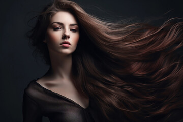 Sensual woman with long wavy hair looking at camera