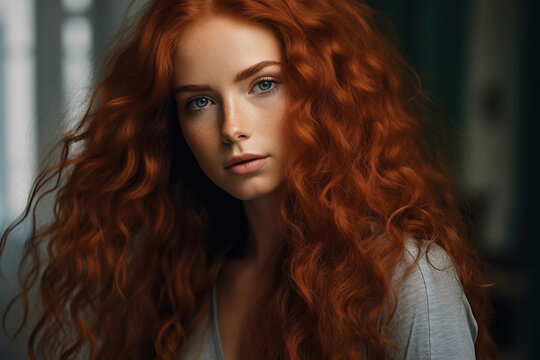 Beautiful young woman with red ginger hair looking at camera