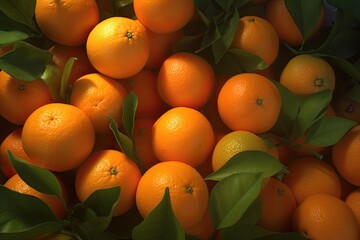 Food pattern of ripe oranges and orange leaves. Generative AI.