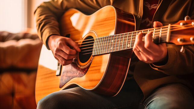 A guitar player, immersed in the music, faces away. The image is bathed in warm tones, embodying passion and melody.