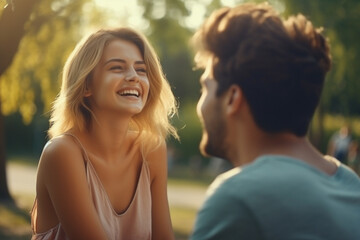 Fototapeta premium Young couple or friends laughing together on a sunny day in the park. Generative AI image.
