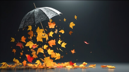 Autumn background with fallen leaves and umbrella, generative AI.