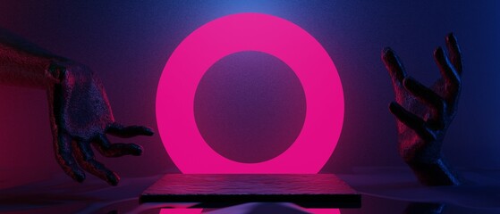 Obraz premium 3d illustration rendering of technology futuristic cyberpunk display, gaming scifi stage pedestal background, gamer banner sign of neon glow stand podium for product