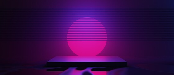 3d illustration rendering of technology futuristic cyberpunk display, gaming scifi stage pedestal background, gamer banner sign of neon glow stand podium for product