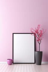 living room interior with mock up poster frame. pink wall, minimalism, vase and flower. generative ai, ai, generative