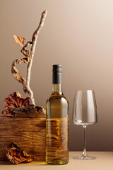 Bottle of white wine with a composition of old plank, dry snags, and dried vine leaves.