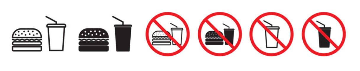 No fast food or drink allowed sign set. No soft drink, junk food icon set. pool area fastfood consumption ban poster signs.