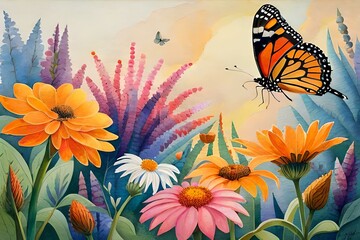 flowers and butterflies painting generated AI