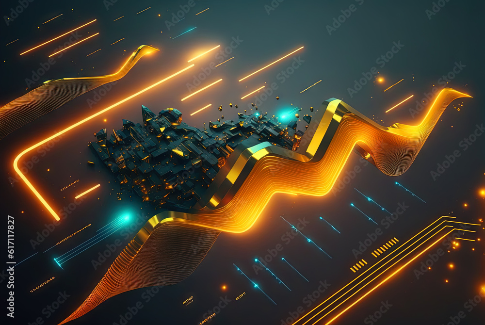 Aufkleber Technology abstract with shiny data wave flow. Science concept with glowing wires connected on futuristic background. Generated AI.