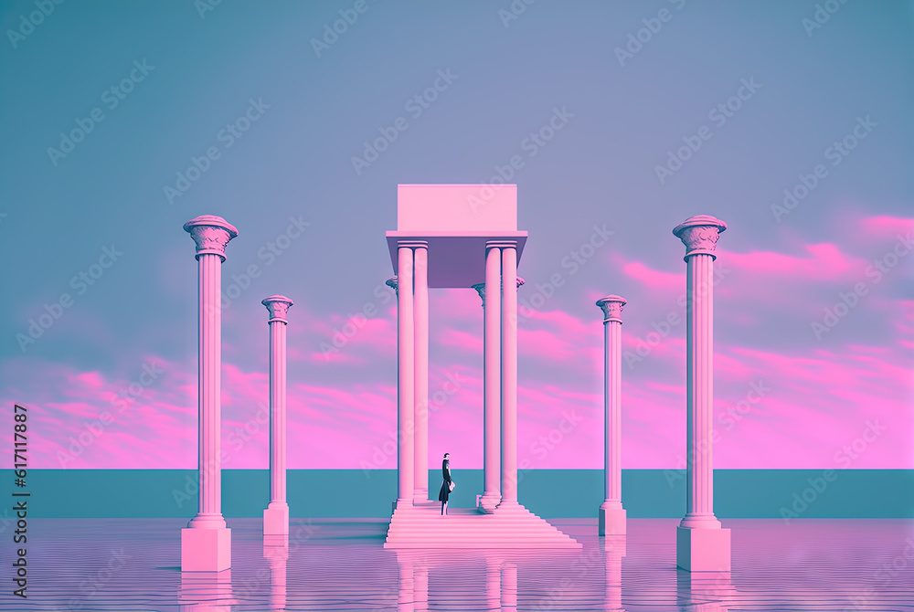 Poster vaporwave landscape with abstract building with pillars. 80s styled pink and blue minimalistic archi