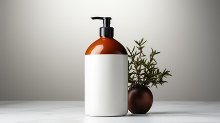 Amber shampoo bottle mockup stark white backdrop,  background with green plants, mockup for design - obrazy, fototapety, plakaty