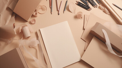 Generative AI, top view of empty sheets of paper, pencils, notepads, stationery, beige shades, pastel colors, layout, space for text, background, workplace, study, drawing