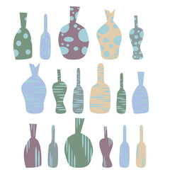 Types of bottles icons in set collection for design. Simple elements in blue, green, beige, brown colors. Bottles. Hand drawn set of lot of geometric shapes.