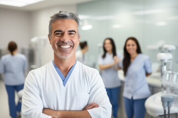 Caucasian man dentist smiling while standing in dental clinic, AI Generative
