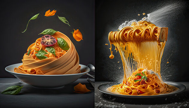 Gramigna Pasta with fresh ingredients on a dark background - Generative AI