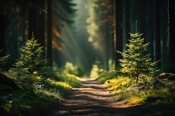 Obraz premium Atmospheric summer forest background with pines, place for text, copy space