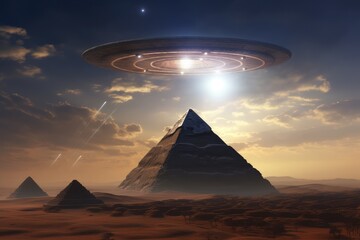 Fototapeta na wymiar Alien Spaceship Hovering Over Egyptian Pyramids: Concept for Ancient Civilizations and Extraterrestrials, Sci-fi Invasion Stories, and Mysterious Daytime Sightings.Generative AI