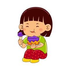 girl kids eating cake vector illustration